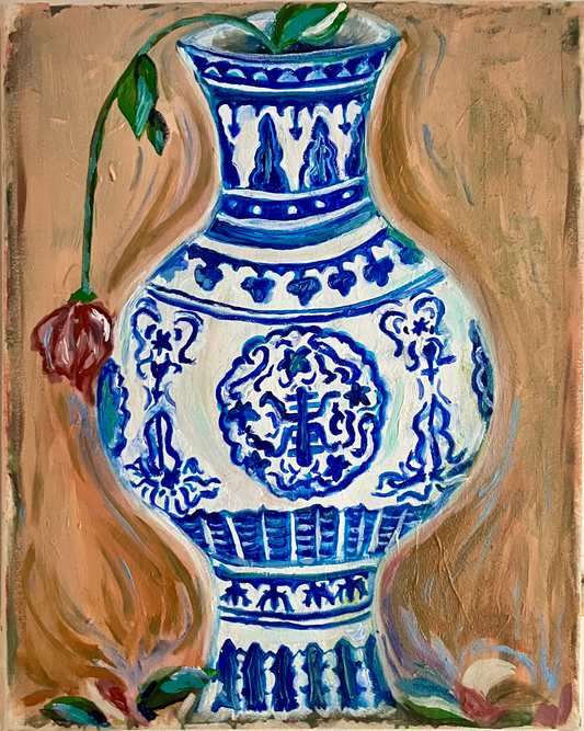 Painting of a blue and white vase with decorative patterns on a beige background