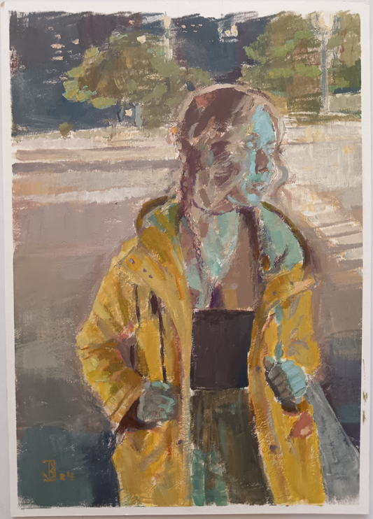 Painting of a person in a yellow raincoat holding a black bag, with a blurred background.