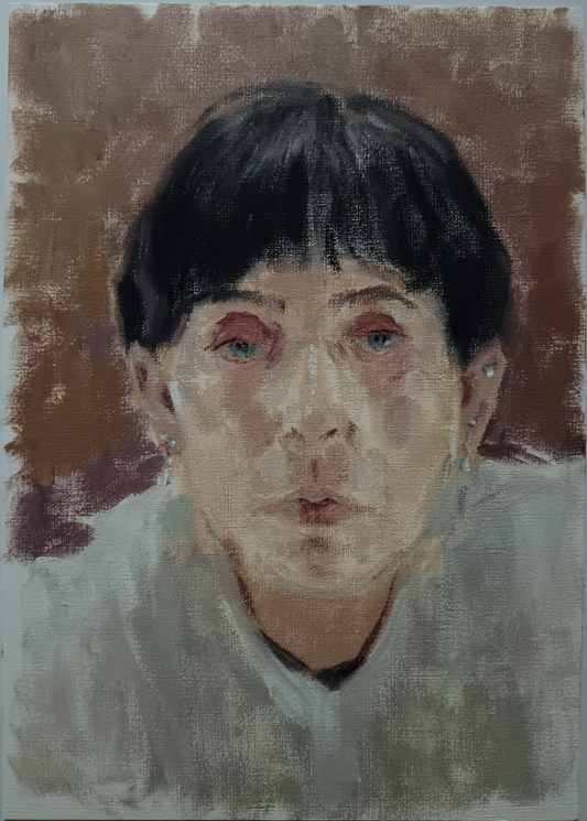 Artistic portrait of a person with dark hair and blue eyes on a textured brown background