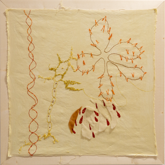 Embroidered artwork on fabric with floral design on a white background