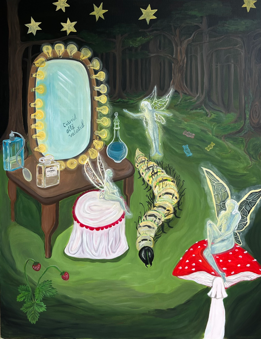 Fantasy scene with fairies, a mirror, and a caterpillar in a forest setting.