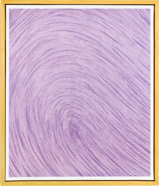 Framed abstract artwork with swirling purple pattern on a white background