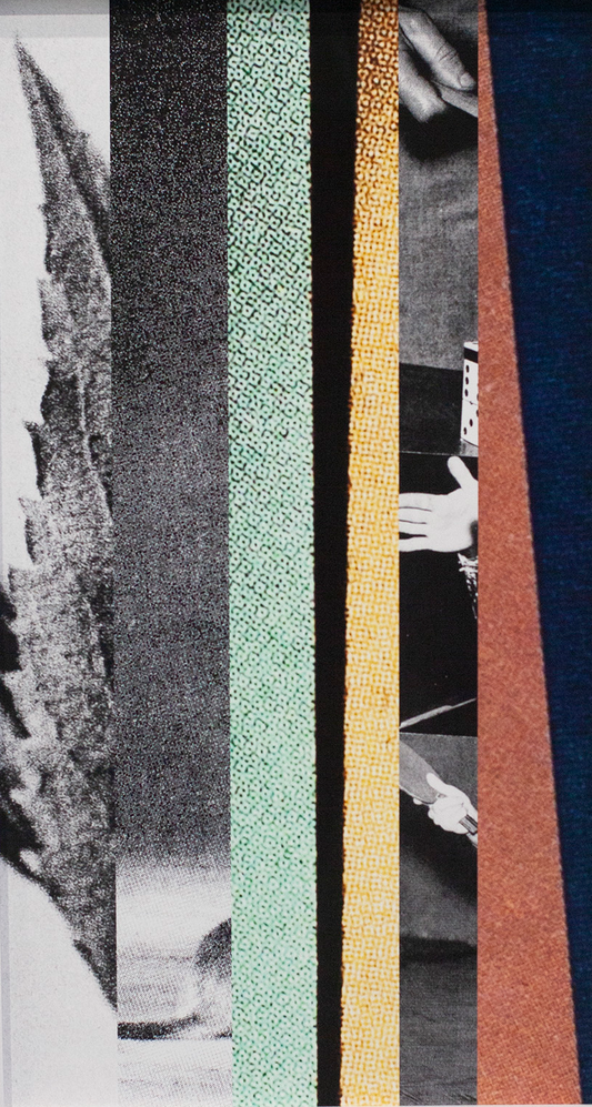 Framed abstract artwork with vertical stripes on a white wall