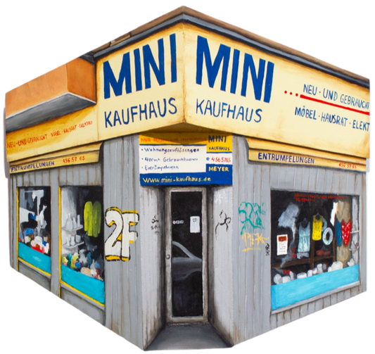 Model of a Mini Kaufhaus store with 'MINI' branding on a white background