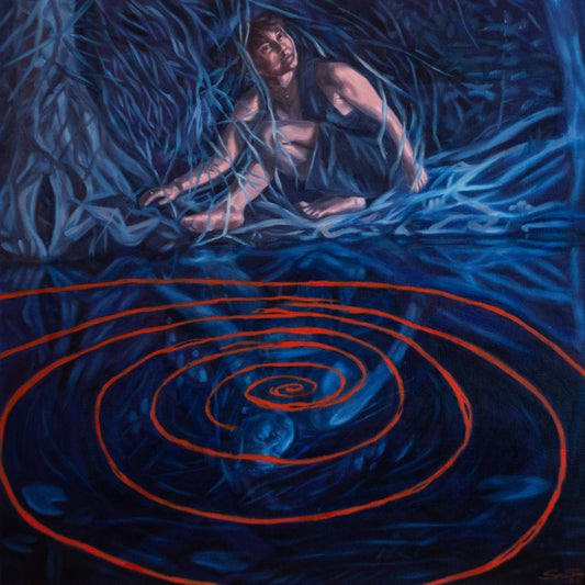 Artistic depiction of a person sitting among blue ribbons with concentric red circles below.