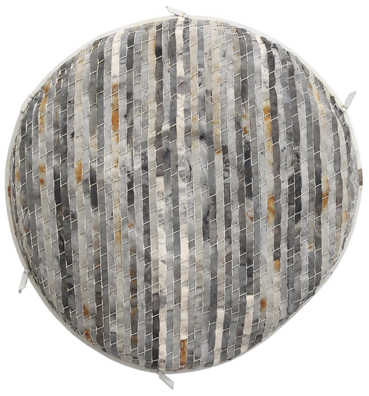Round woven mat with gray and brown striped pattern on a white background