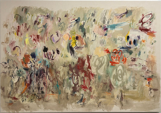 Abstract artwork with colorful brush strokes on a beige background