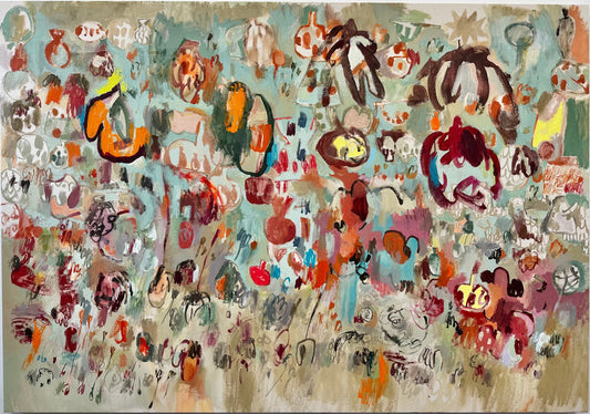 Abstract painting with colorful shapes and patterns on a beige background