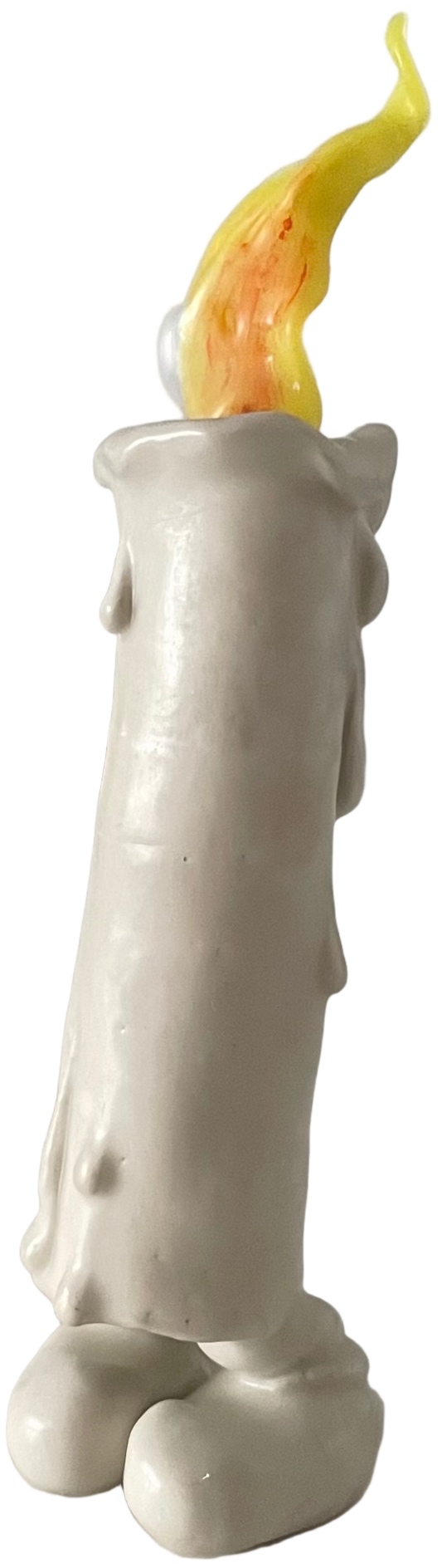 White ceramic candle holder with a yellow flame on a gray background