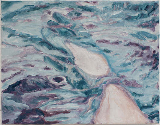 Abstract painting with swirling blue, purple, and white colors