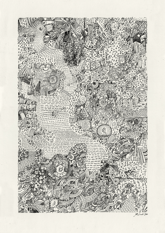 Black and white abstract artwork with intricate patterns and shapes.