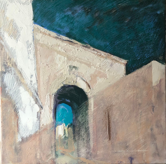 Painting of a tunnel with a blue light at the end