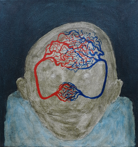 Artistic depiction of a head with red and blue brain illustration on a textured dark background