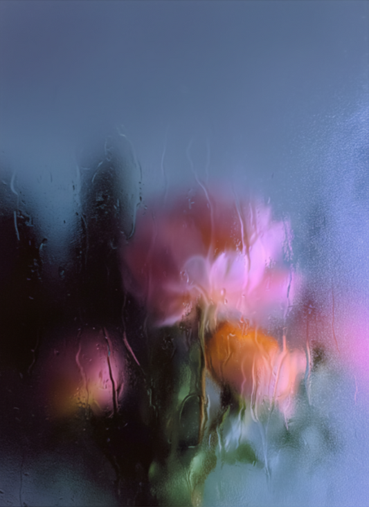 Abstract art print of flowers with a blurred effect on a plain background