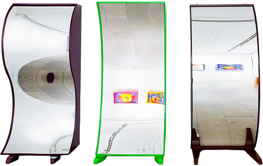 Four curved display stands with different colored bases on a white background