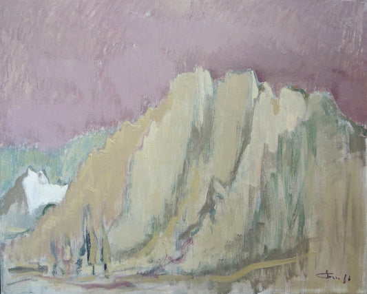Abstract painting of a mountainous landscape with pastel colors