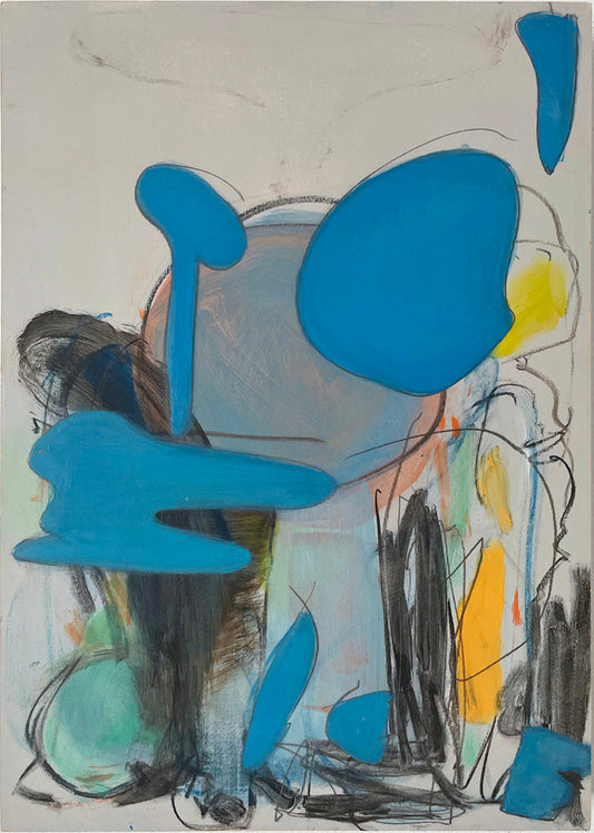Abstract artwork with blue shapes on a gray background