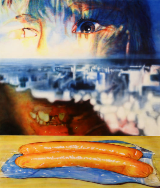 Plastic wrap with a colorful abstract design and text on a yellow surface.