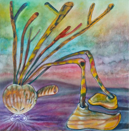 Colorful abstract artwork of a creature with shell-like feet on a gradient background