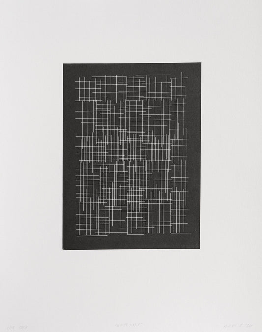 White book with a black grid pattern on a white background