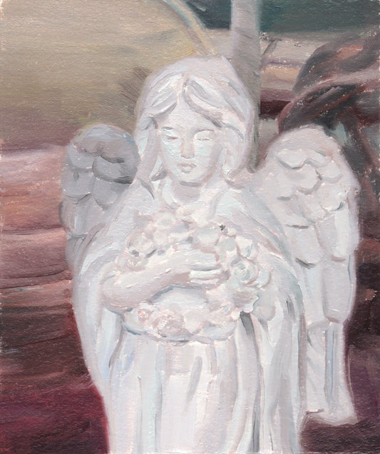 Angel statue in the window of a flower shop Oil Painting by Emilia Mäkelä