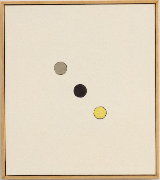 Framed minimalist art piece with three colored circles on a beige background