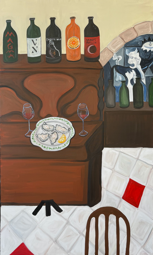 Painting of a bar scene with bottles, glasses, and a plate on a wooden counter.