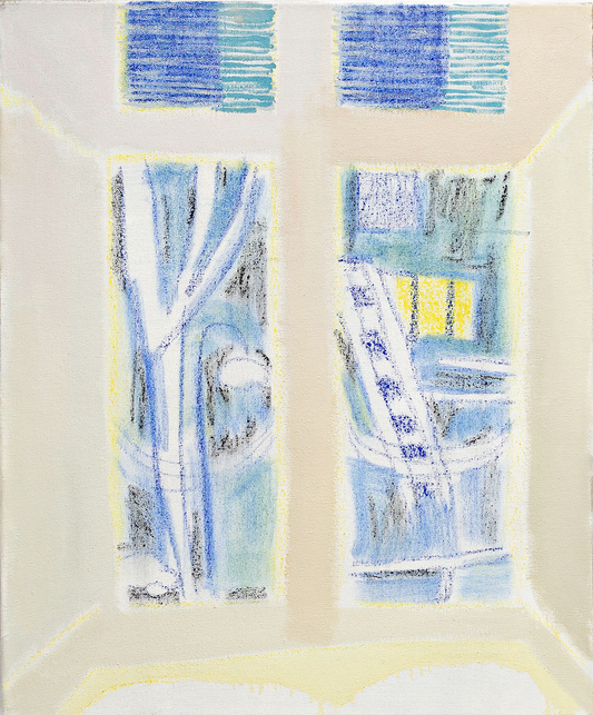 Abstract art piece with blue and white patterns on a beige background