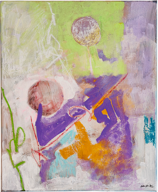 Abstract painting with colorful shapes and a signature in the corner