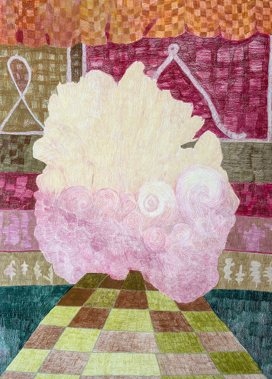Artistic depiction of a floral arrangement on a checkered floor with abstract patterns in the background.
