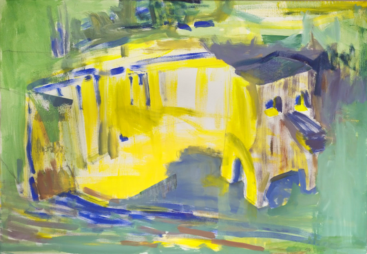Abstract painting with a prominent yellow shape on a green background
