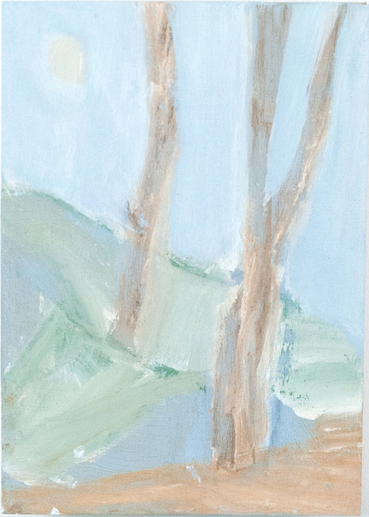 Abstract artwork with trees and a landscape on a light blue background