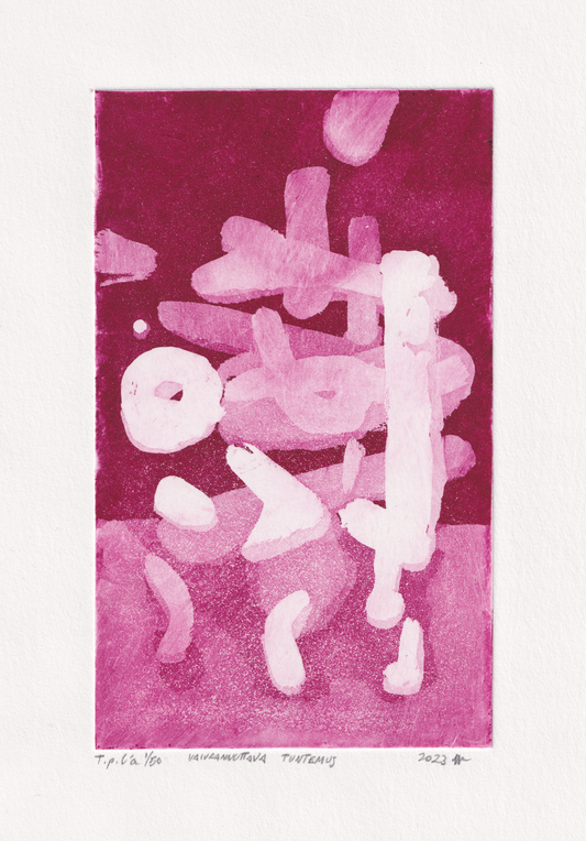 Artistic depiction of abstract figures in pink and white on a magenta background