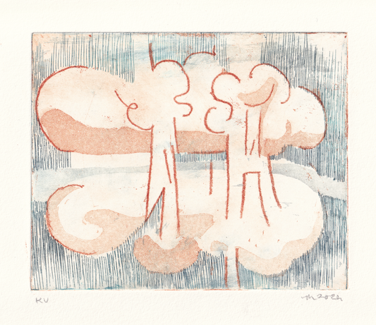 Abstract artwork with pink and white shapes on a textured background